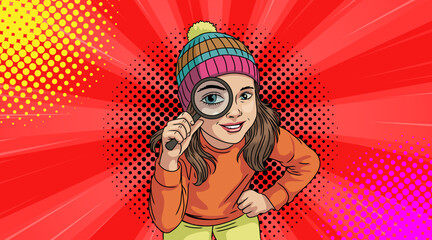 A cute, beautiful girl looks at you through a magnifying glass in pop art style.