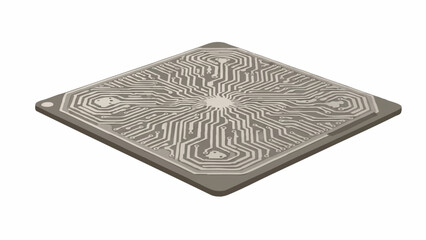 Detailed illustration of a complex computer chip circuit board with intricate pathways on a white background