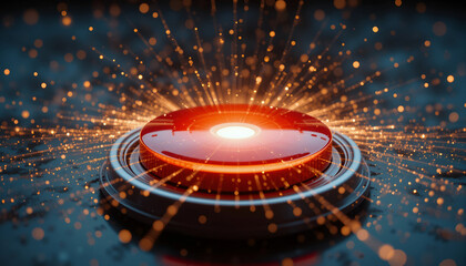 Red button with glowing center surrounded by dynamic sparks and light effects, creating an energetic atmosphere, ideal for technology and innovation themes