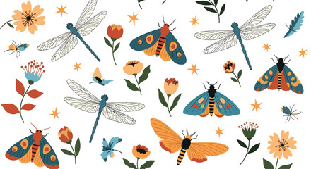 Beautiful seamless pattern of colorful moths dragonflies and various wildflowers with stars on a clean white background.