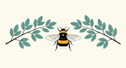 Large bumblebee with a star on its back flying between two symmetrical green leafy branches on a soft cream background.