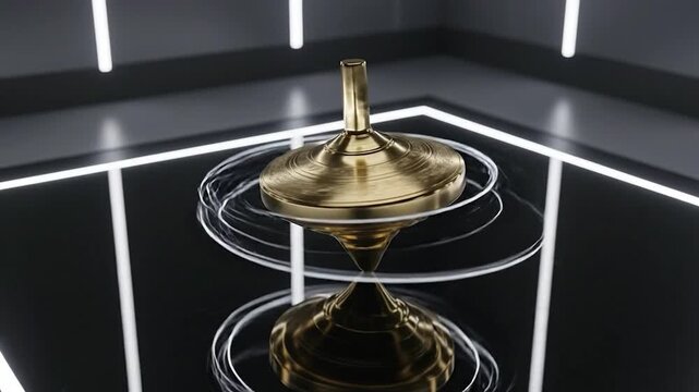 A golden top spins with motion blur in a dark, futuristic scene, with white neon lights