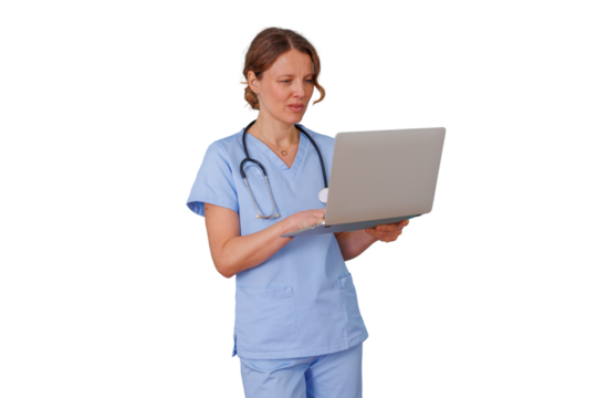 Healthcare professional in blue scrubs working on a laptop, using technology for medical data management, transparent background - Powered by Adobe