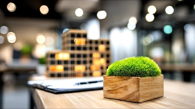 A miniature model of a building sits on a wooden surface, beside a small planter of artificial moss.