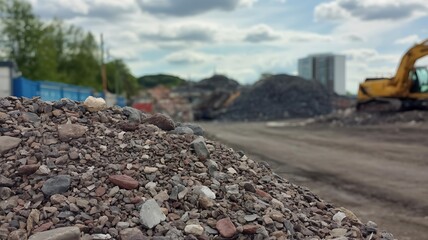 a construction site displays piles of gravel heavy machinery and demolition debris under a cloudy overcast sky showcasing ongoing work