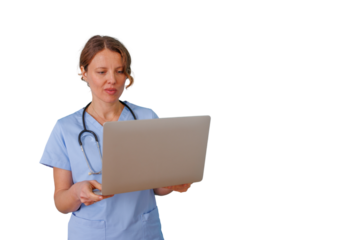 Female doctor or nurse in blue scrubs using a laptop, providing telemedicine and digital healthcare services with a transparent background