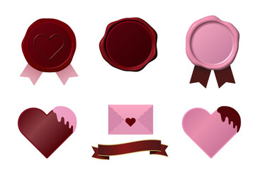 深い赤と青みピンクのシーリングワックスとハートのチョコをイメージしたあしらい