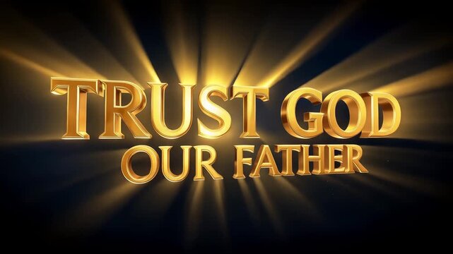 Trust God our Father animated with golden metallic text and shining light effect on dark background, religious concept for spiritual message