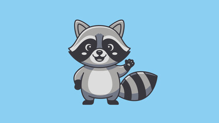 Obraz premium Cute Happy Raccoon Waving Hand with Friendly Gesture on Light Blue Background