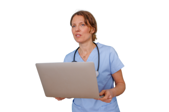 Female medical professional in scrubs using a laptop for healthcare technology and telemedicine, transparent background - Powered by Adobe