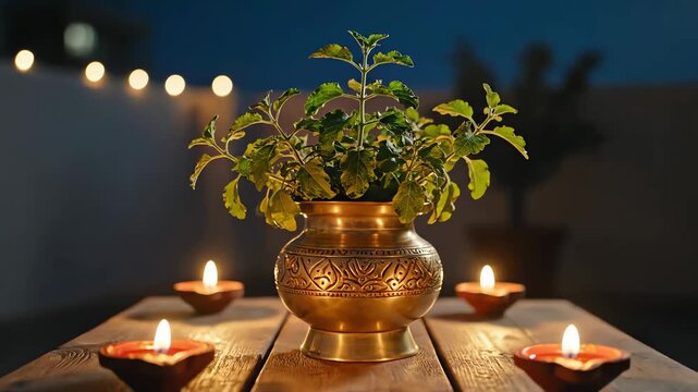 Holy Basil Tulsi Plant and Diyas on Wooden Table Festive Night Scene