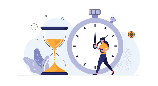 A woman carrying clock hands walks between a large hourglass and a stopwatch, illustrating concepts of time management.