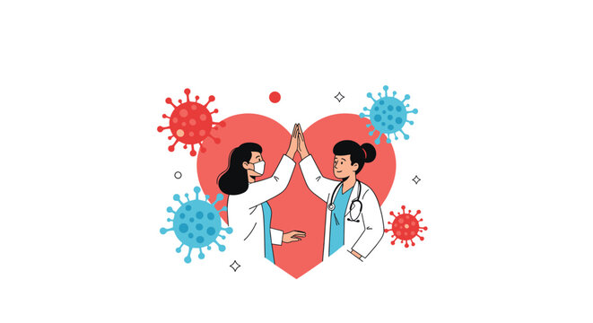 Two female doctors give each other a high-five inside a heart shape, surrounded by virus icons, celebrating teamwork.