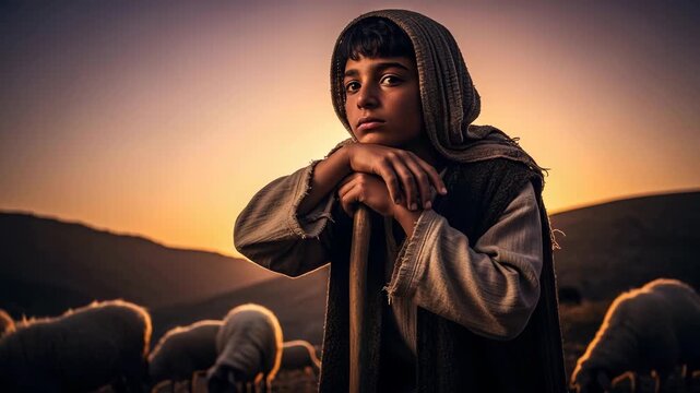 Young boy shepherd with staff watches his flock of sheep during a golden sunset, a religious and biblical scene portraying peace