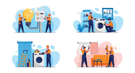 A set of four scenes showing handyman and repair services, including electrical work and appliance and furniture repair.