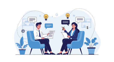 A man and a woman sit in armchairs having a productive business meeting, exchanging ideas and documents with lightbulbs overhead.