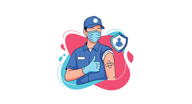 A man in a cap and face mask gives a thumbs-up, showing a bandage on his arm after receiving a vaccination.