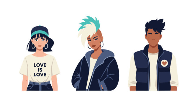 A set of three portraits of diverse and stylish young people, including a woman with a mohawk and another with a 'Love is Love' shirt.