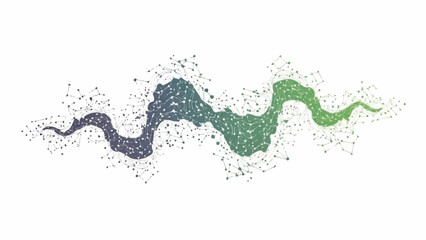 Abstract visualization of a dynamic sound wave with interconnected dots representing data points in a gradient of blue and green hues