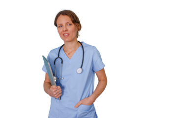 Healthcare professional standing, smiling, holding medical chart, wearing stethoscope and blue scrubs, on transparent background