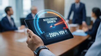 Business professional showcasing accelerated growth on tablet in meeting