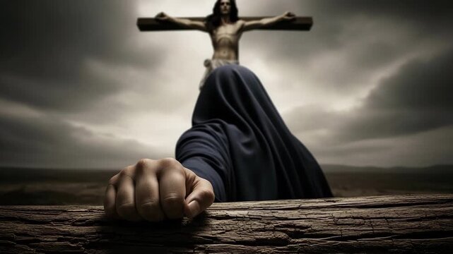 Mary's hand on wood beam with Jesus on cross in stormy sky and lightning. Biblical scene for depicting sacrifice and devotion.