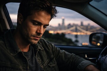 Thoughtful young man sitting in car during sunset with city skyline and bridge in background