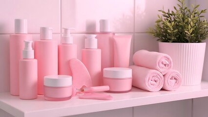 Pink bathroom products including skincare and accessories arranged on a white shelf
