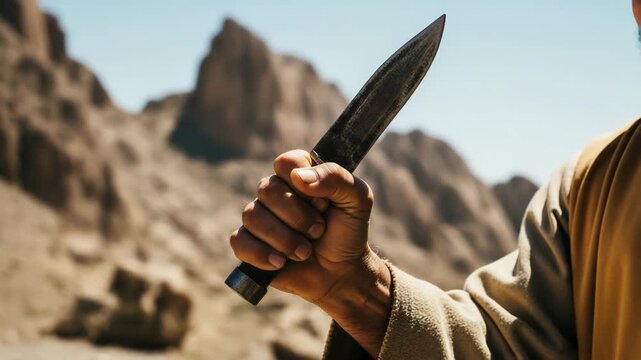 Abraham's trembling hand holding a rustic knife poised over unseen Isaac, the weathered skin and tense knuckles telling a story of ultimate sacrifice, set against the harsh rocks of Mount Moriah