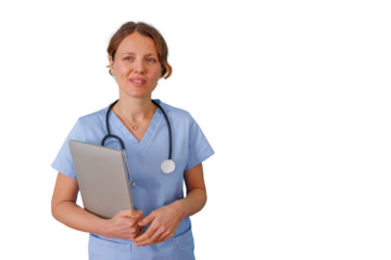 Female nurse holding laptop, wearing scrubs and stethoscope, medical professional standing with transparent background