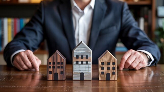 a professional businessperson presents three miniature wooden houses on a wooden surface symbolizing real estate investment and homeownership concepts high quality