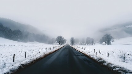 Obraz premium Empty Asphalt Road Stretching Through a Misty and Frozen Winter Landscape