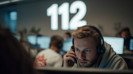 German emergency call center operator at work.
