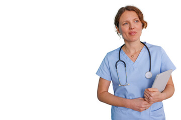 Female nurse holding a tablet and wearing scrubs and a stethoscope on a transparent background, symbolizing modern healthcare