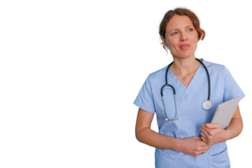 Female nurse holding a tablet and wearing scrubs and a stethoscope on a transparent background, symbolizing modern healthcare