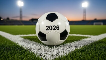 Vibrant image of a football with 2026 branding on a green field during a dramatic sunset sports scene