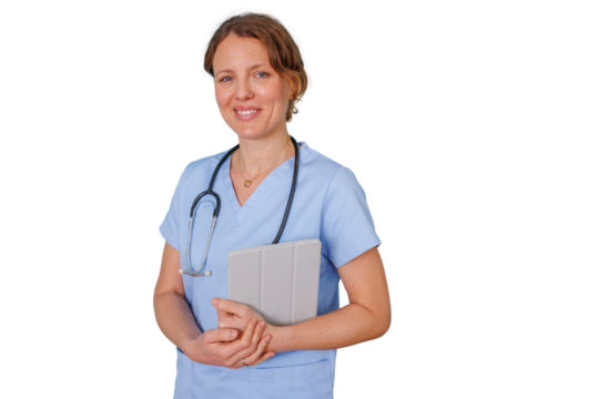 Female healthcare professional in blue scrubs holding tablet and stethoscope, smiling, looking at camera with transparent background - Powered by Adobe