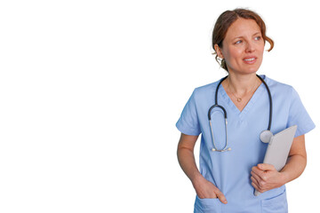 Female nurse healthcare professional wearing scrubs and stethoscope, holding digital tablet, looking away with copy space