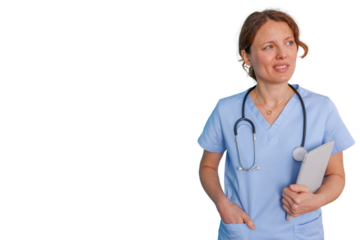 Female nurse healthcare professional wearing scrubs and stethoscope, holding digital tablet, looking away with copy space