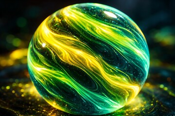 Close-up of a Glowing Glass Marble with Swirling Green and Yellow Patterns on a Reflective Surface