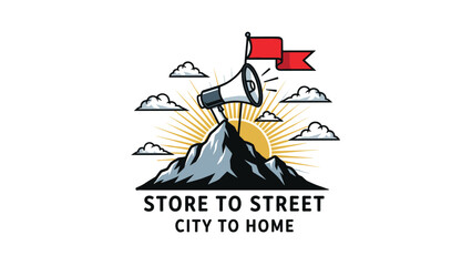 Megaphone illustration on a mountain peak with clouds and sun rays represents communication and reaching city to home delivery goals.