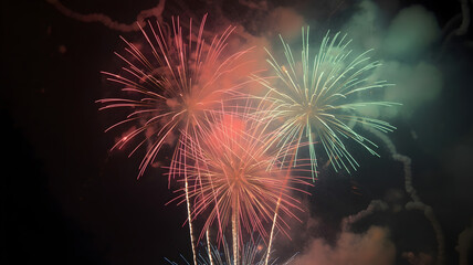 Vibrant Pink and Green Fireworks Display in a Dark Night Sky