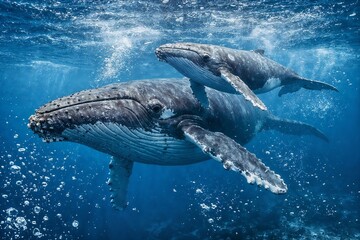 Two Humpback Whales Swimming Deep Ocean with Bubbles and Clear Blue Water