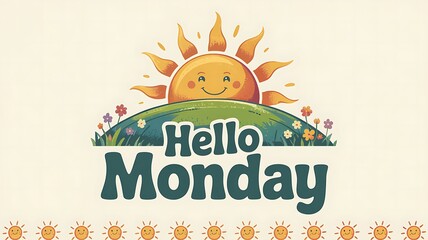 A cheerful illustration depicts a smiling sun peeking over a grassy hill with colorful flowers alongside a hello monday greeting