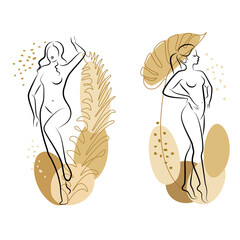 Collection. Silhouette of a cute lady and plant leaves. The girl is standing. The woman has a beautiful naked figure. She is young and slim. Vector illustration set.