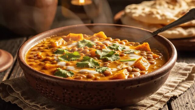 Close up of a bowl of stew with fresh herbs and flatbread on wooden table