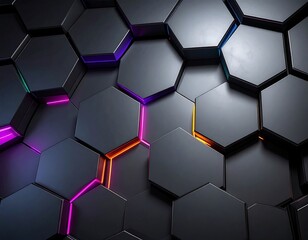 Abstract image of dark gray, hexagonal tiles with vibrant neon light accents in various colors