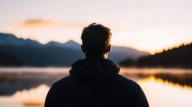 Solitary contemplation: A figure silhouetted against the dawn sky, facing a serene lake mirroring mountains. A moment of peace and reflection in nature's grandeur.