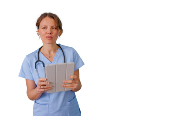 Female doctor or nurse holding digital tablet, providing telehealth consultation, transparent background