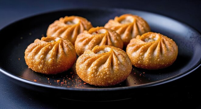 Dramatic Light on Fried Momos, Highlighting Crispy Textures and Appetizing Golden Hues